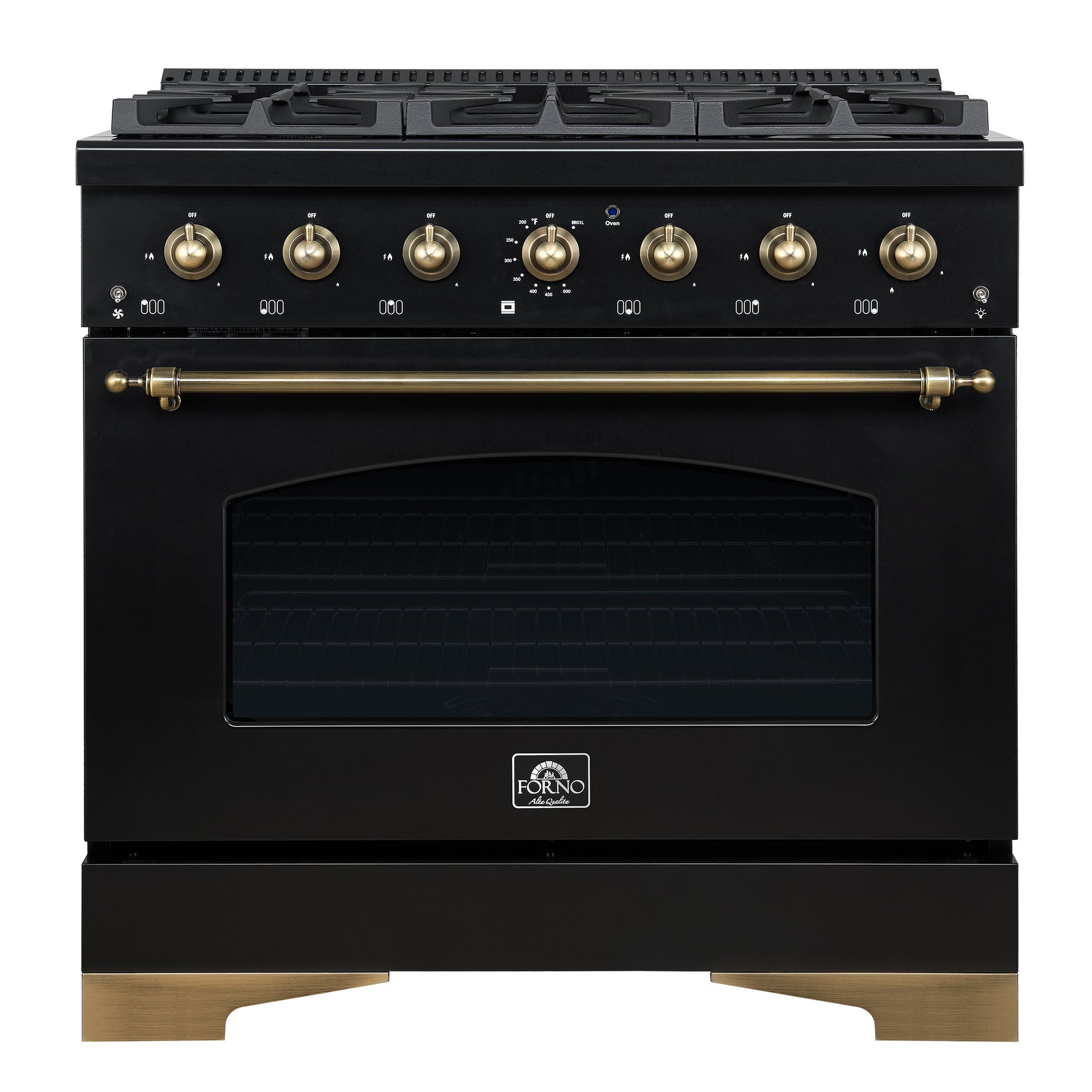 Forno Antico 36-inch Dual Fuel Range, Black and Antique Brass, 6 Burners, 4.5 cu.ft. Convection Oven - BonPrix Électroménagers