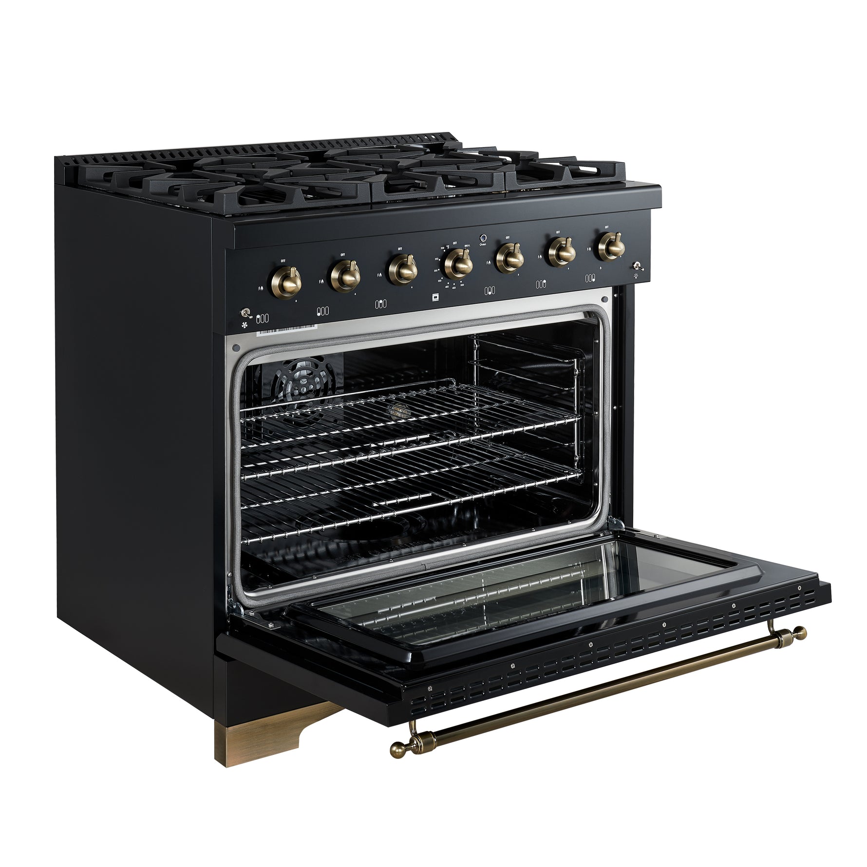 Forno Antico 36-inch Dual Fuel Range, Black and Antique Brass, 6 Burners, 4.5 cu.ft. Convection Oven - BonPrix Électroménagers