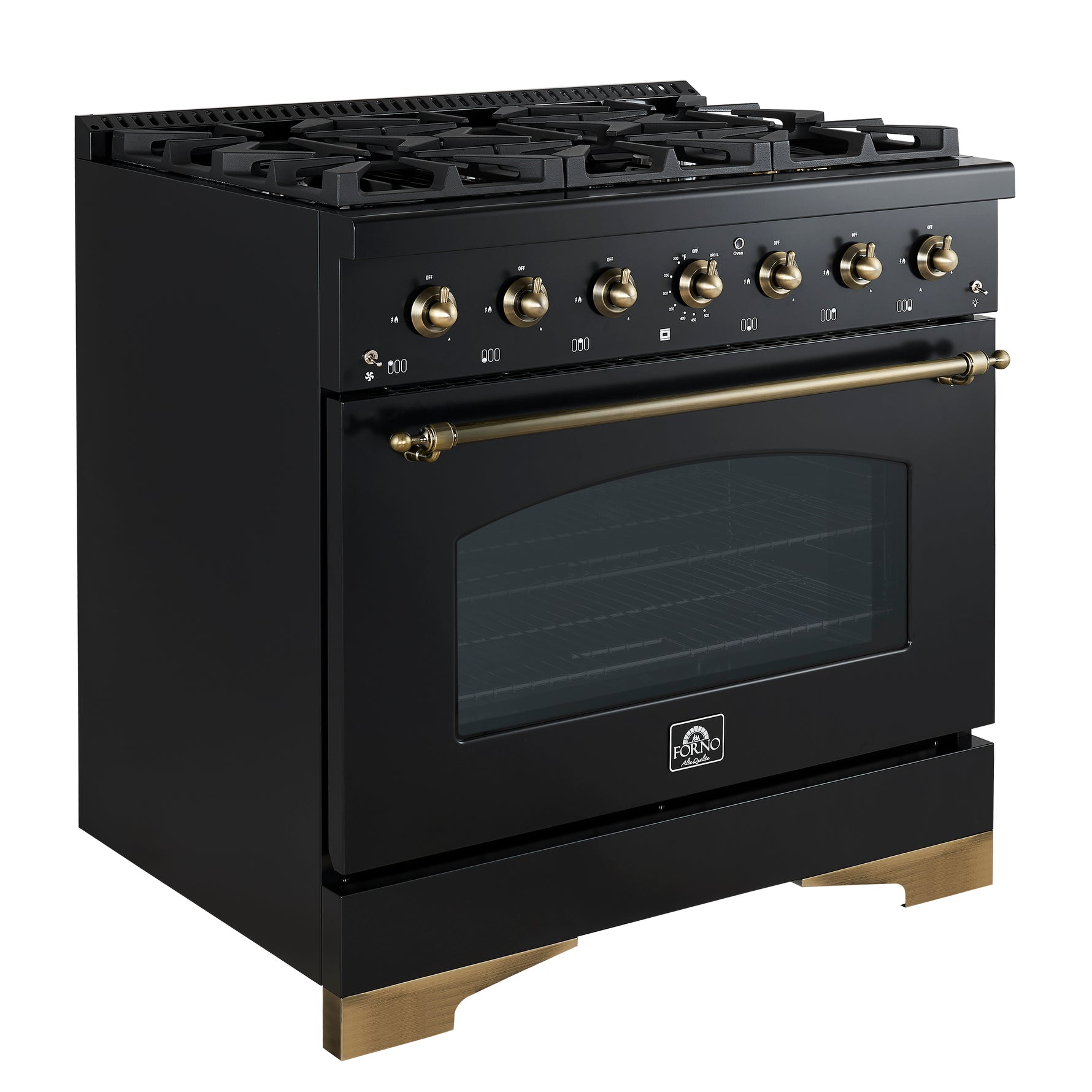 Forno Antico 36-inch Dual Fuel Range, Black and Antique Brass, 6 Burners, 4.5 cu.ft. Convection Oven - BonPrix Électroménagers
