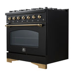Forno Antico 36-inch Dual Fuel Range, Black and Antique Brass, 6 Burners, 4.5 cu.ft. Convection Oven - BonPrix Électroménagers