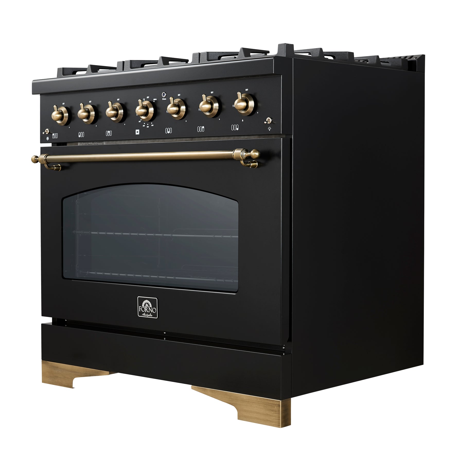 Forno Antico 36-inch Dual Fuel Range, Black and Antique Brass, 6 Burners, 4.5 cu.ft. Convection Oven - BonPrix Électroménagers