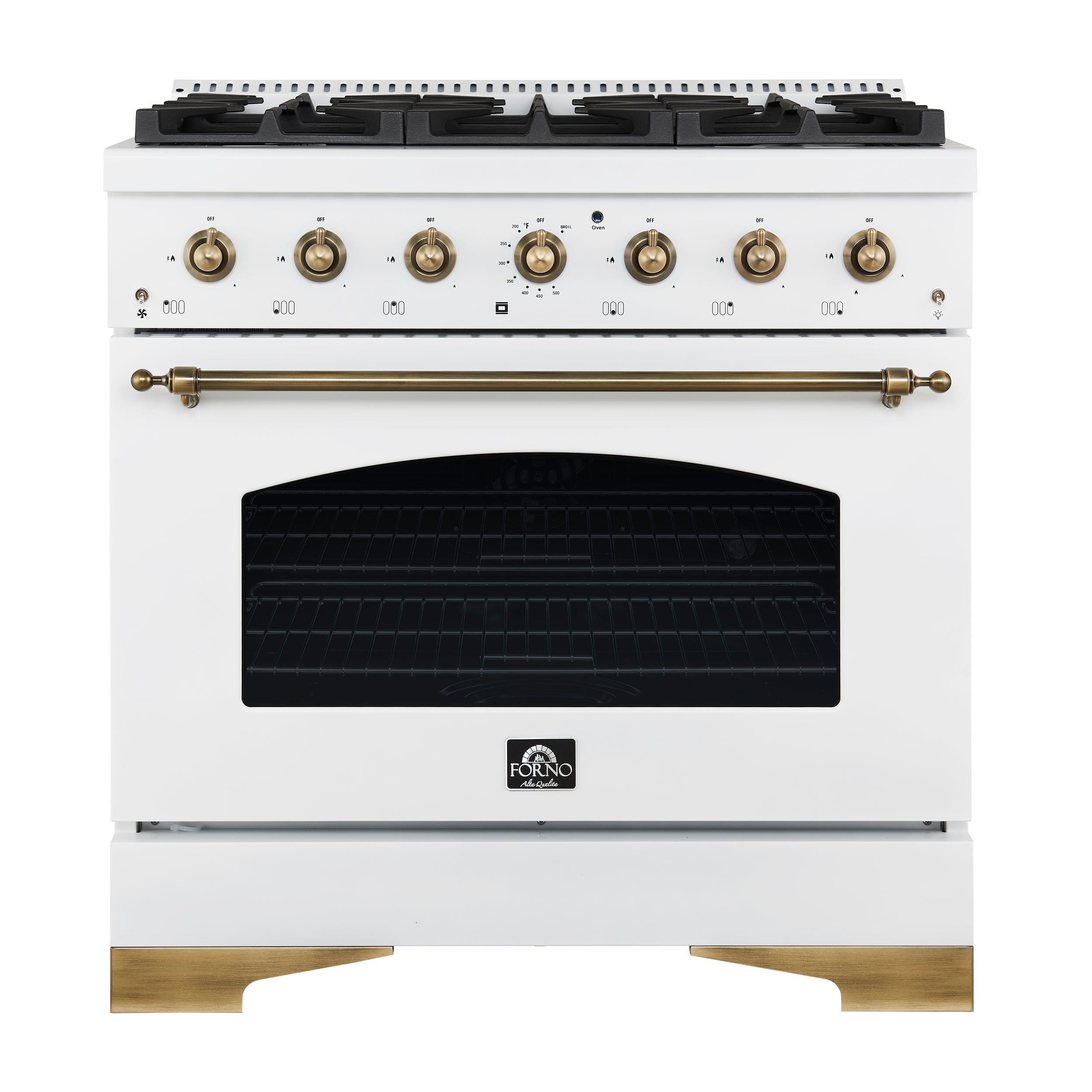 Forno Antico 36-inch Dual Fuel Range White and Antique Brass Design with 6 Sealed Gas Burners and Electric Convection Oven - BonPrix Électroménagers