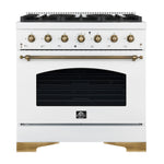Forno Antico 36-inch Dual Fuel Range White and Antique Brass Design with 6 Sealed Gas Burners and Electric Convection Oven - BonPrix Électroménagers