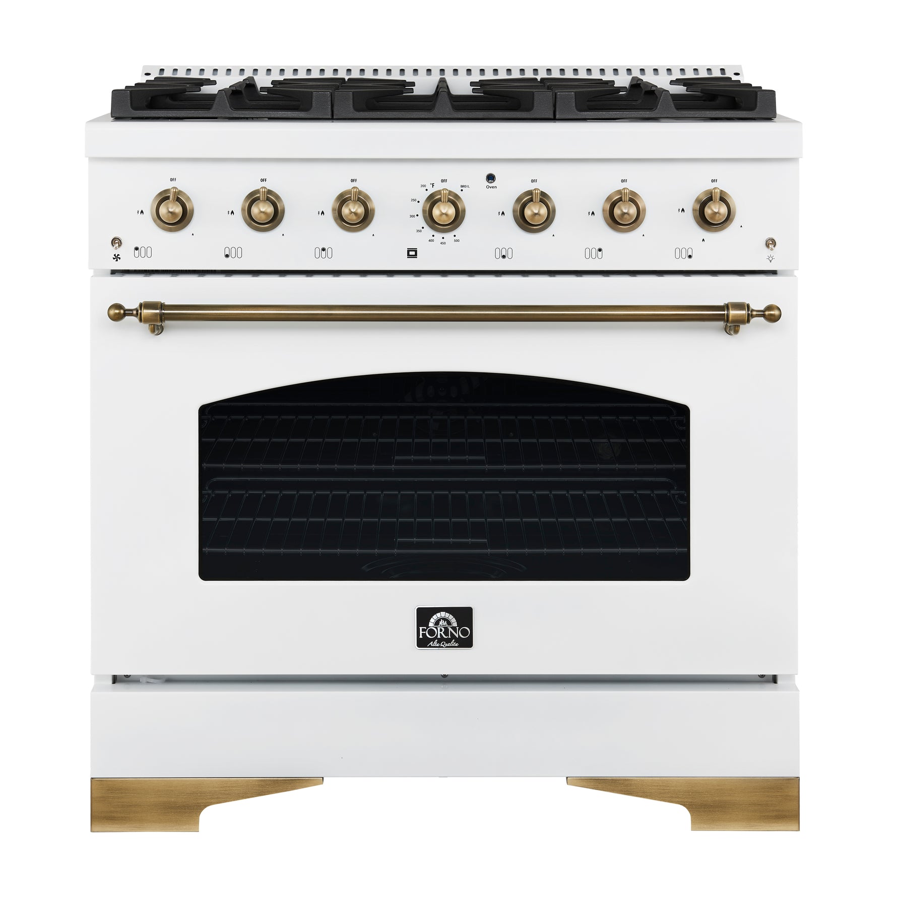 Forno Antico 36-inch Dual Fuel Range White and Antique Brass Design with 6 Sealed Gas Burners and Electric Convection Oven - BonPrix Électroménagers