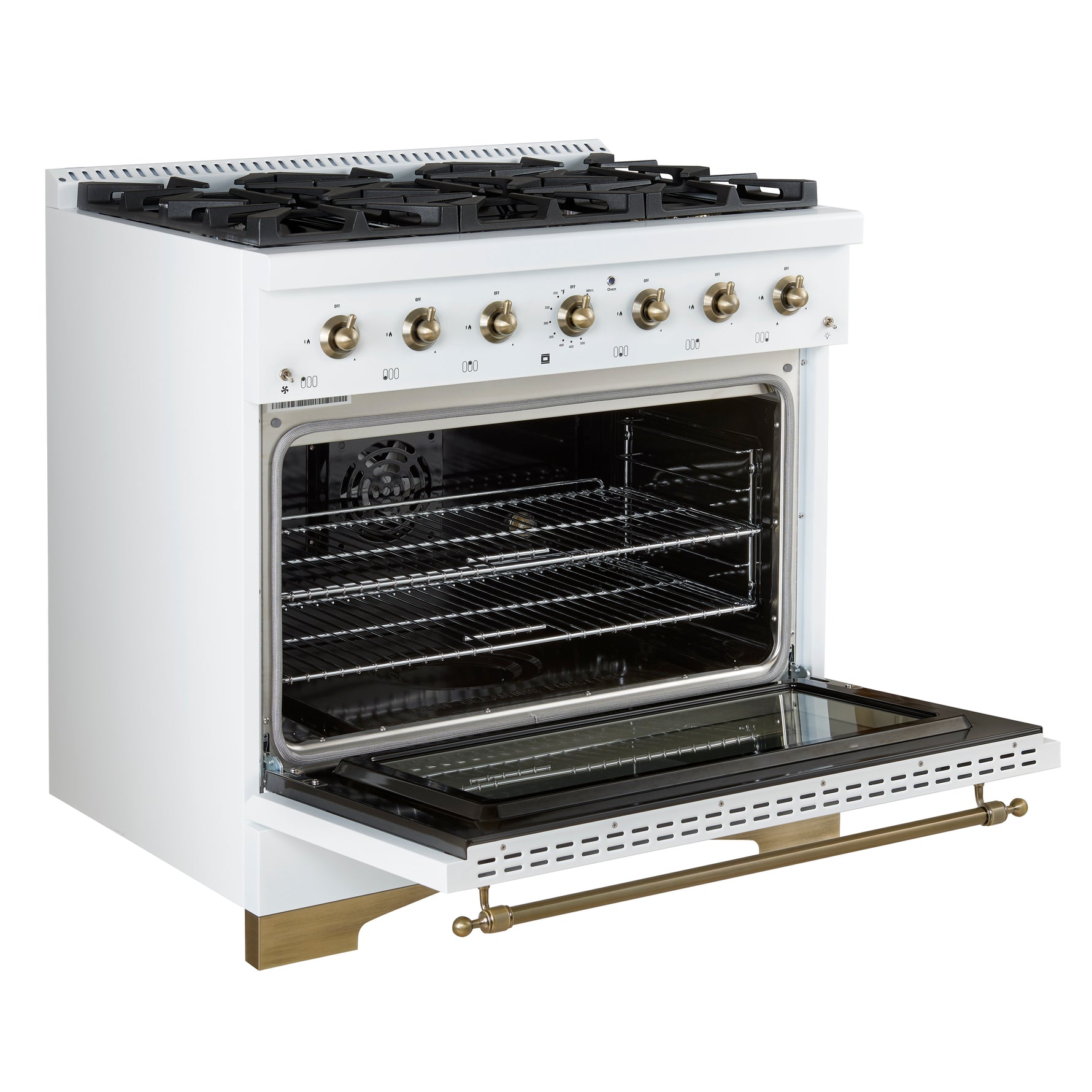 Forno Antico 36-inch Dual Fuel Range White and Antique Brass Design with 6 Sealed Gas Burners and Electric Convection Oven - BonPrix Électroménagers