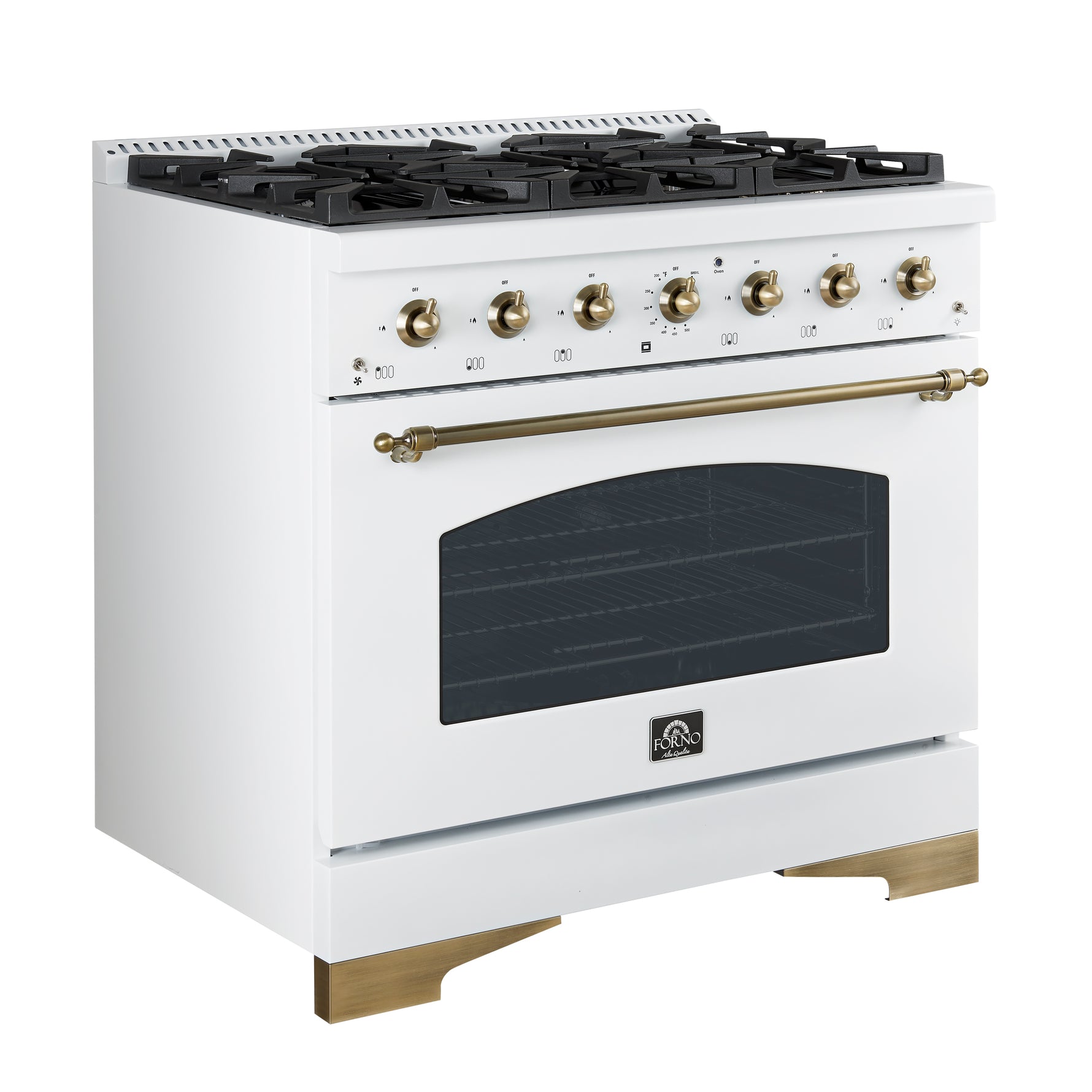 Forno Antico 36-inch Dual Fuel Range White and Antique Brass Design with 6 Sealed Gas Burners and Electric Convection Oven - BonPrix Électroménagers