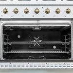Forno Antico 36-inch Dual Fuel Range White and Antique Brass Design with 6 Sealed Gas Burners and Electric Convection Oven - BonPrix Électroménagers