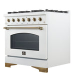 Forno Antico 36-inch Dual Fuel Range White and Antique Brass Design with 6 Sealed Gas Burners and Electric Convection Oven - BonPrix Électroménagers