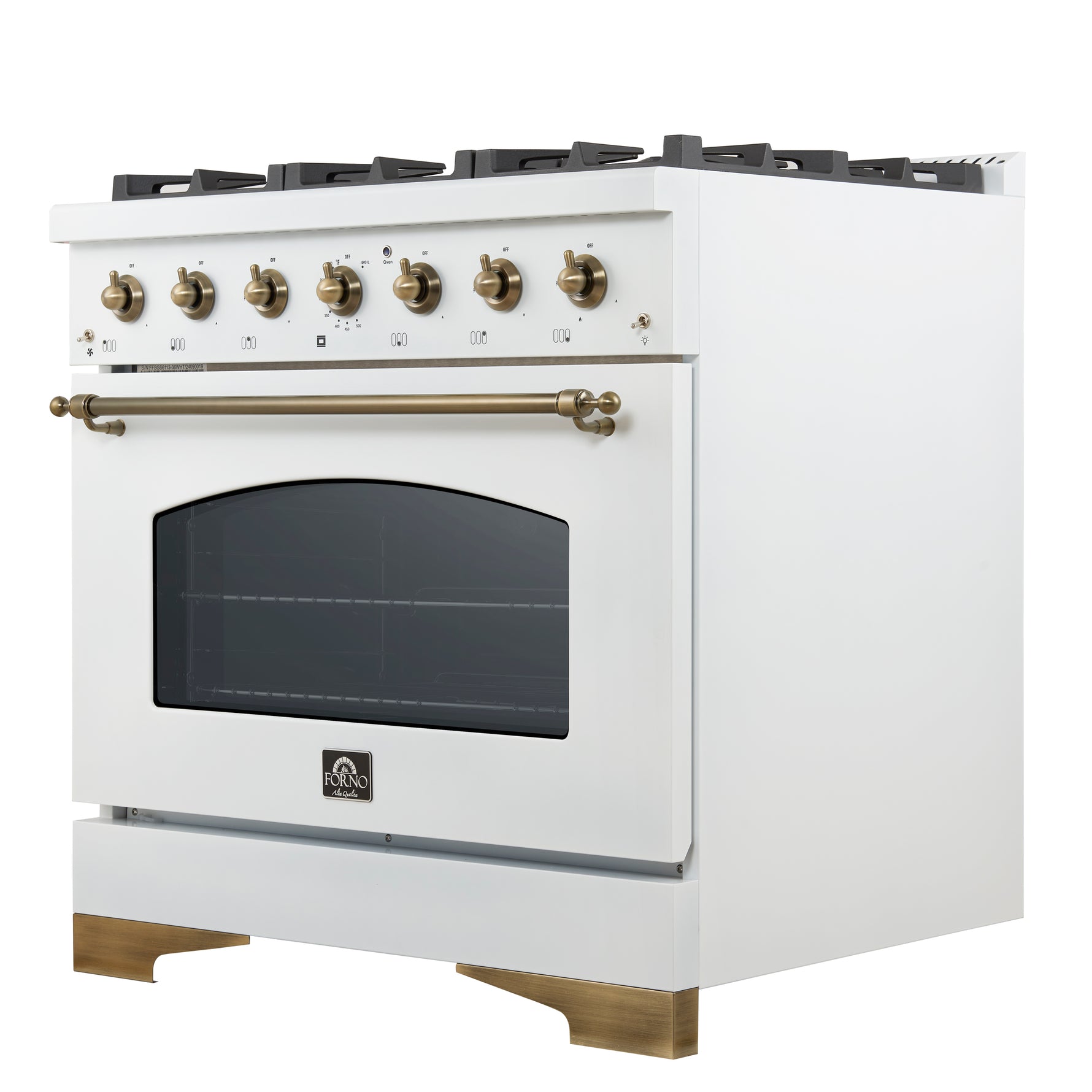 Forno Antico 36-inch Dual Fuel Range White and Antique Brass Design with 6 Sealed Gas Burners and Electric Convection Oven - BonPrix Électroménagers