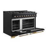 Forno Antico 48-Inch Dual Fuel Range, Black with Antique Brass Finish, 8 Burners, 94,000 BTU, 5.5 cu.ft. Double Ovens & Griddle - BonPrix Électroménagers
