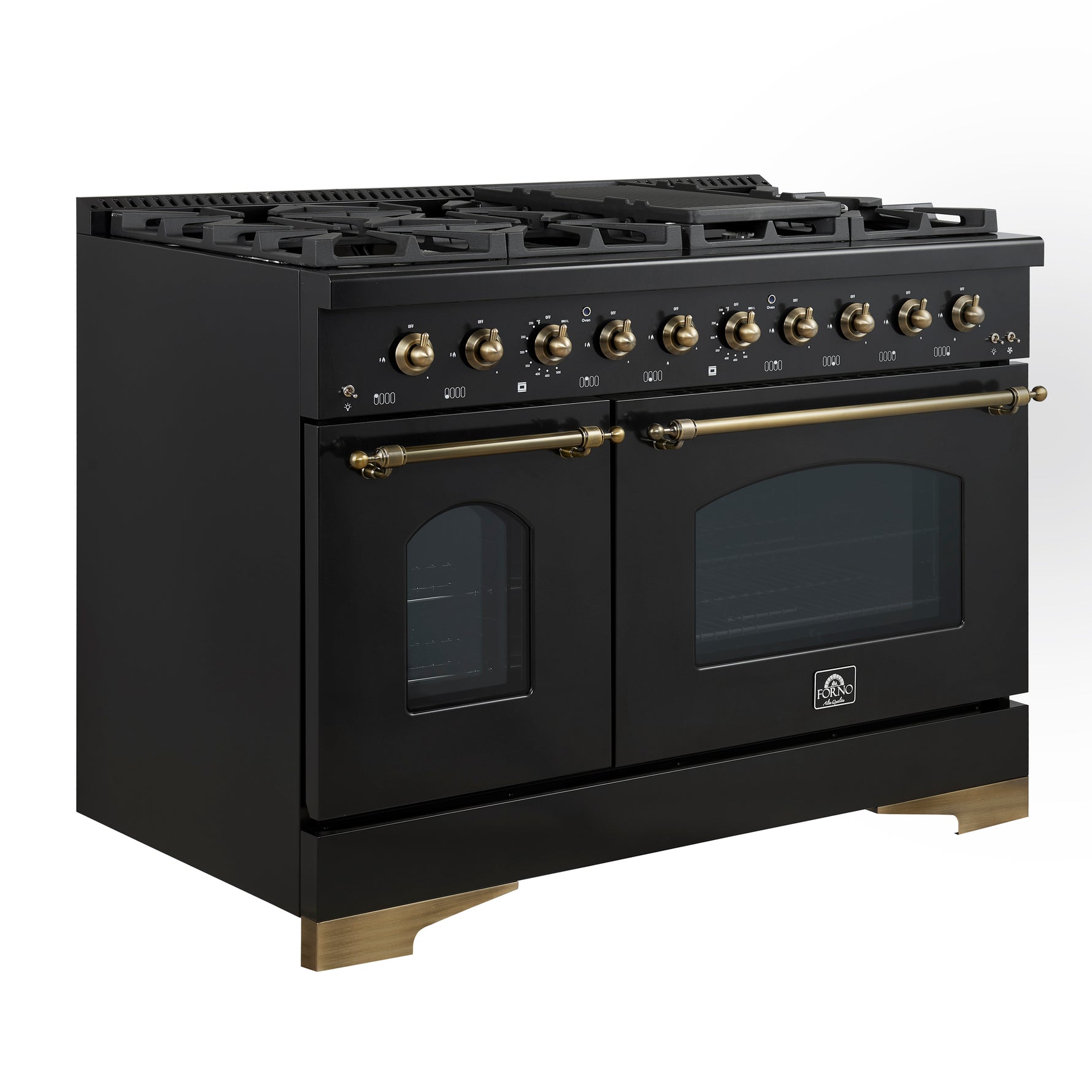 Forno Antico 48-Inch Dual Fuel Range, Black with Antique Brass Finish, 8 Burners, 94,000 BTU, 5.5 cu.ft. Double Ovens & Griddle - BonPrix Électroménagers
