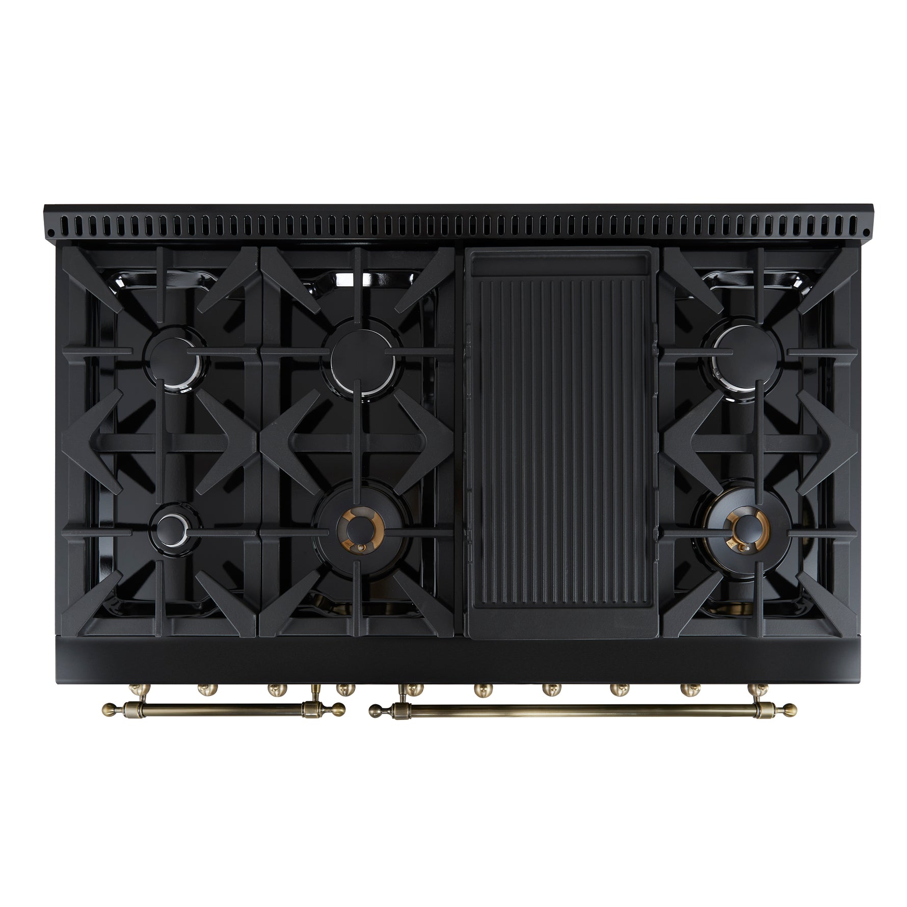 Forno Antico 48-Inch Dual Fuel Range, Black with Antique Brass Finish, 8 Burners, 94,000 BTU, 5.5 cu.ft. Double Ovens & Griddle - BonPrix Électroménagers