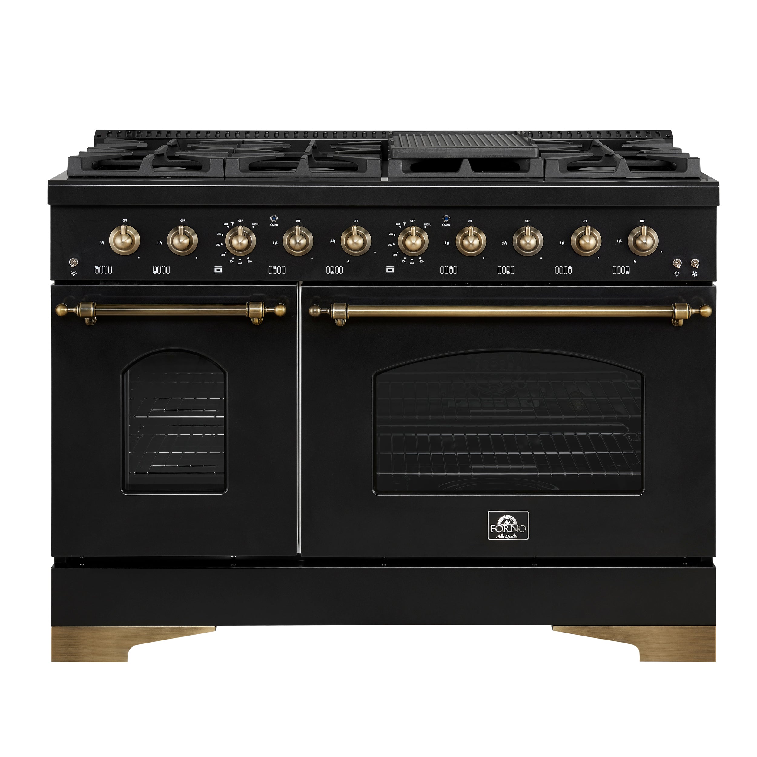 Forno Antico 48-Inch Dual Fuel Range, Black with Antique Brass Finish, 8 Burners, 94,000 BTU, 5.5 cu.ft. Double Ovens & Griddle - BonPrix Électroménagers