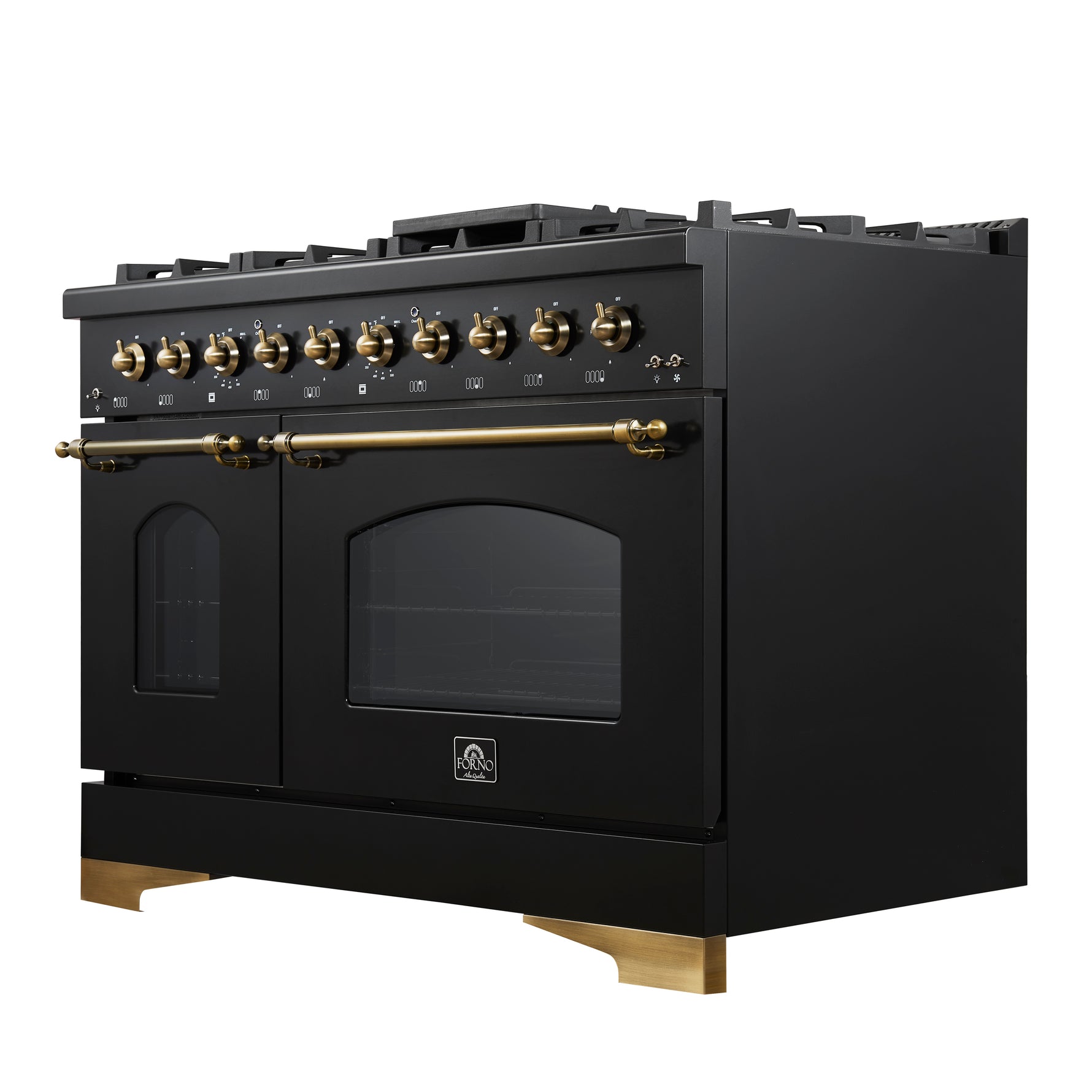 Forno Antico 48-Inch Dual Fuel Range, Black with Antique Brass Finish, 8 Burners, 94,000 BTU, 5.5 cu.ft. Double Ovens & Griddle - BonPrix Électroménagers