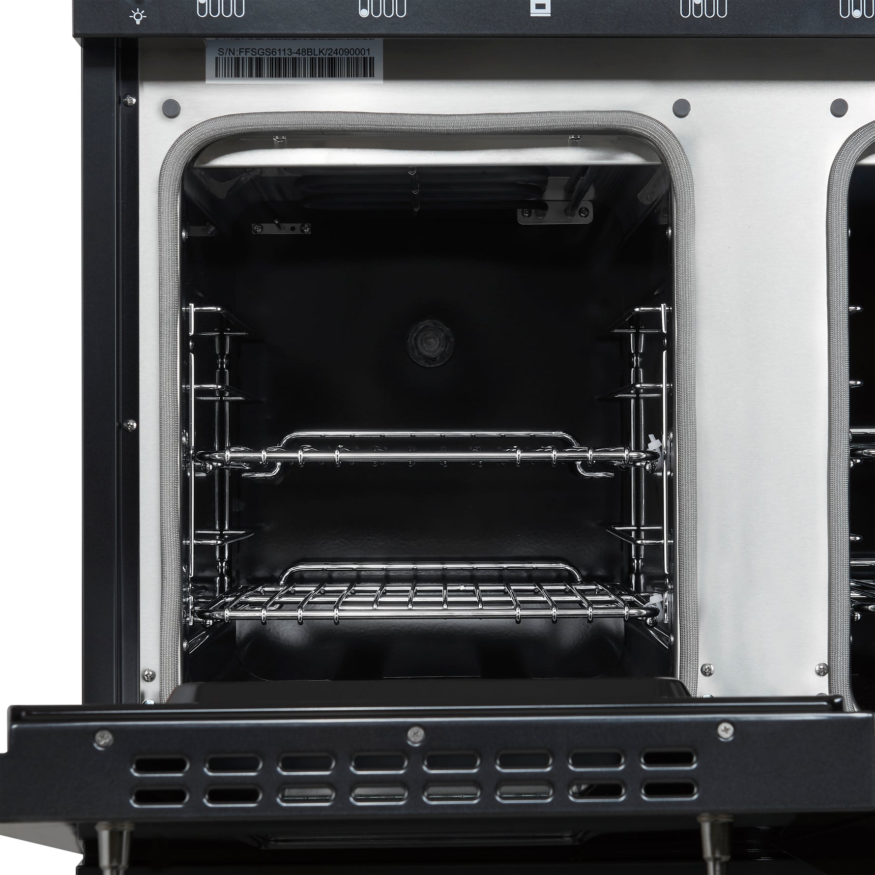 Forno Antico 48-Inch Dual Fuel Range, Black with Antique Brass Finish, 8 Burners, 94,000 BTU, 5.5 cu.ft. Double Ovens & Griddle - BonPrix Électroménagers