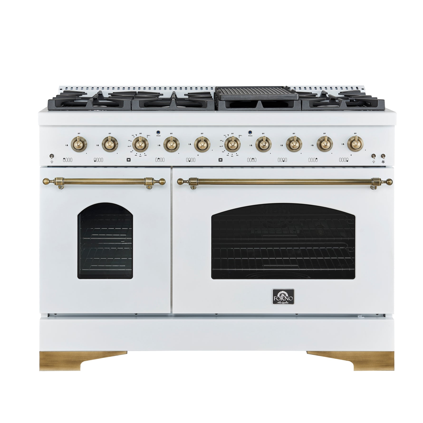 Forno Antico 48-Inch Dual Fuel Range, White with Antique Brass Finish, 8 Burners, 94,000 BTU, 5.5 cu.ft. Double Ovens & Griddle - BonPrix Électroménagers