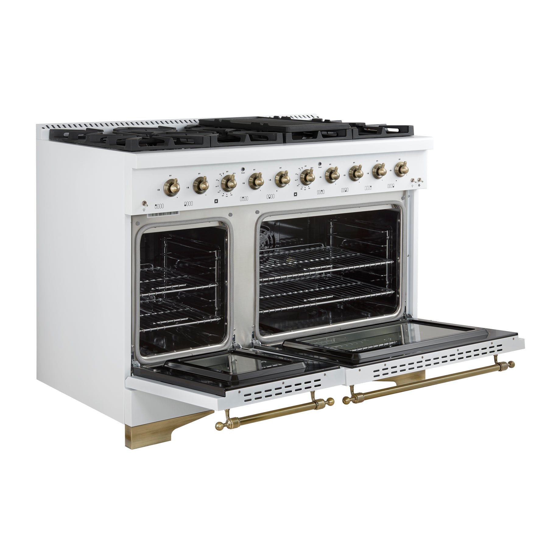 Forno Antico 48-Inch Dual Fuel Range, White with Antique Brass Finish, 8 Burners, 94,000 BTU, 5.5 cu.ft. Double Ovens & Griddle - BonPrix Électroménagers