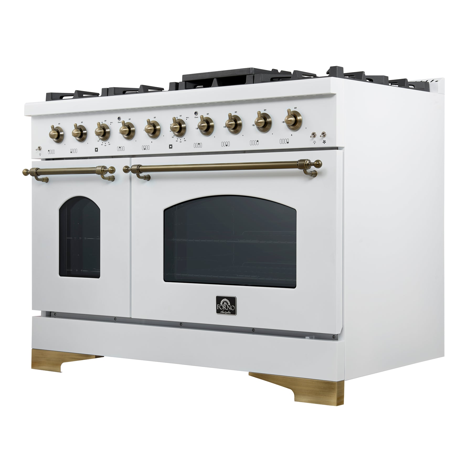 Forno Antico 48-Inch Dual Fuel Range, White with Antique Brass Finish, 8 Burners, 94,000 BTU, 5.5 cu.ft. Double Ovens & Griddle - BonPrix Électroménagers