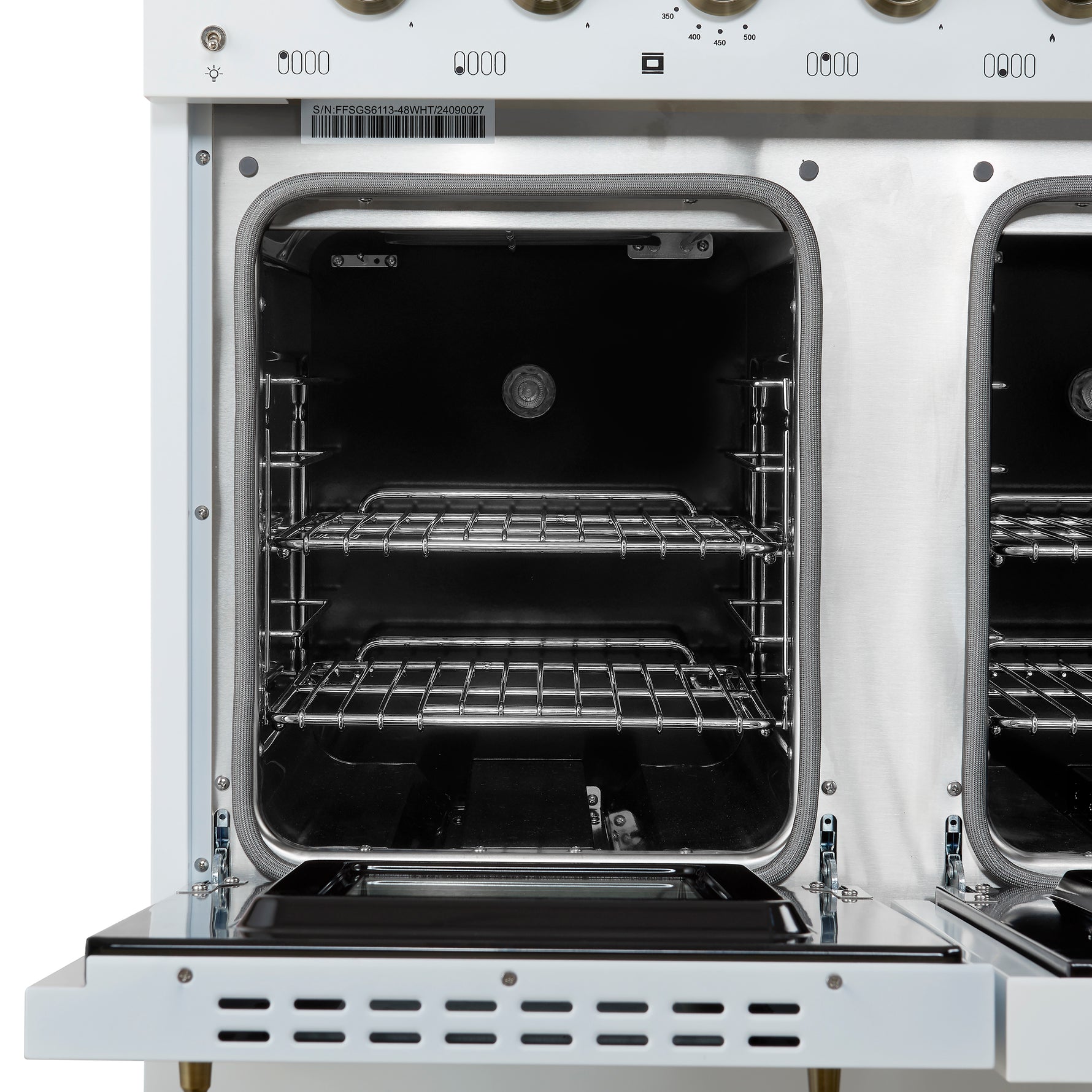 Forno Antico 48-Inch Dual Fuel Range, White with Antique Brass Finish, 8 Burners, 94,000 BTU, 5.5 cu.ft. Double Ovens & Griddle - BonPrix Électroménagers