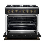 Forno Galiano 36-inch Dual Fuel Range in Black & Antique Brass Design, 6 Sealed Burners 83,000 BTU, 5.36 cu.ft. True Convection Oven - BonPrix Électroménagers