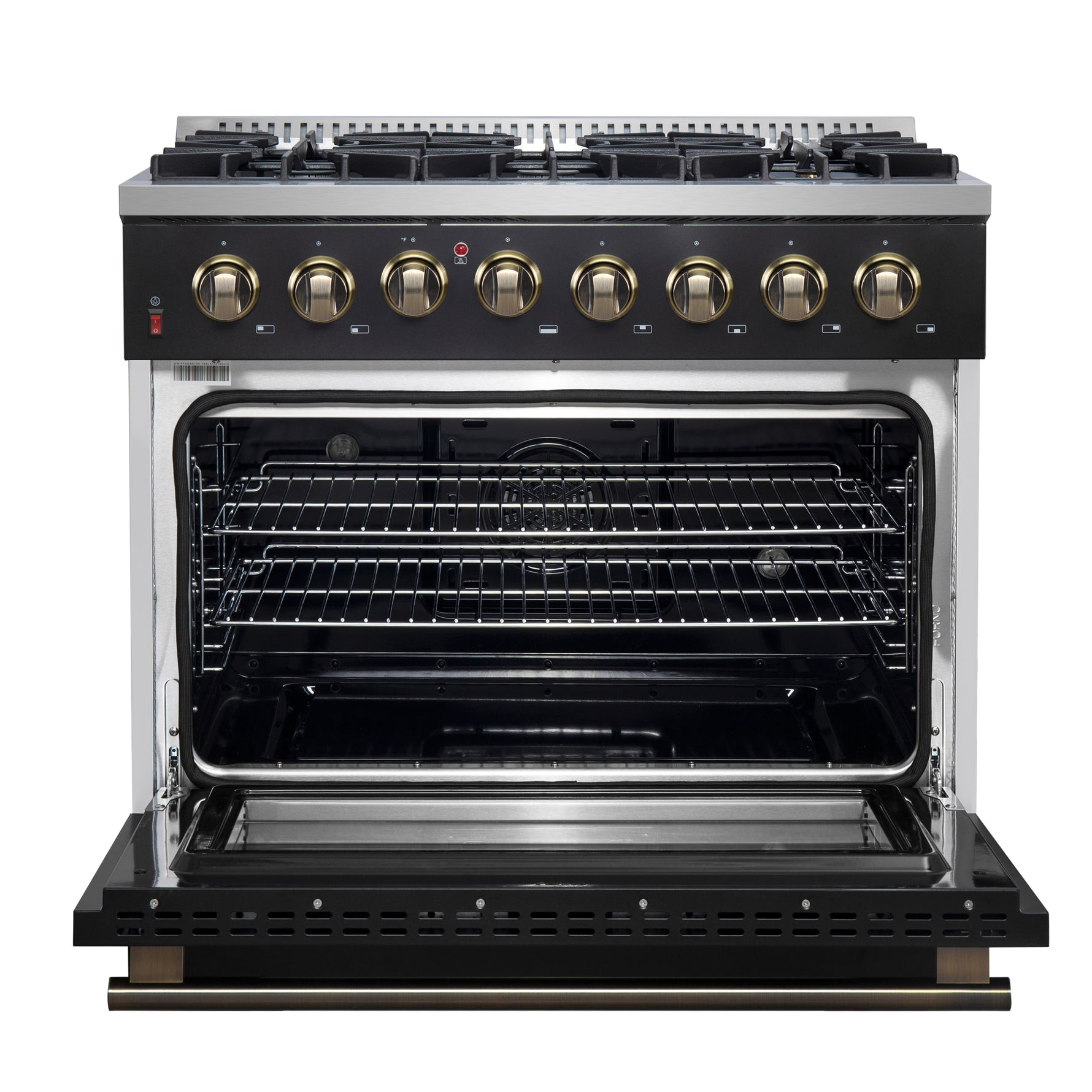 Forno Galiano 36-inch Dual Fuel Range in Black & Antique Brass Design, 6 Sealed Burners 83,000 BTU, 5.36 cu.ft. True Convection Oven - BonPrix Électroménagers