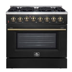 Forno Galiano 36-inch Dual Fuel Range in Black & Antique Brass Design, 6 Sealed Burners 83,000 BTU, 5.36 cu.ft. True Convection Oven - BonPrix Électroménagers