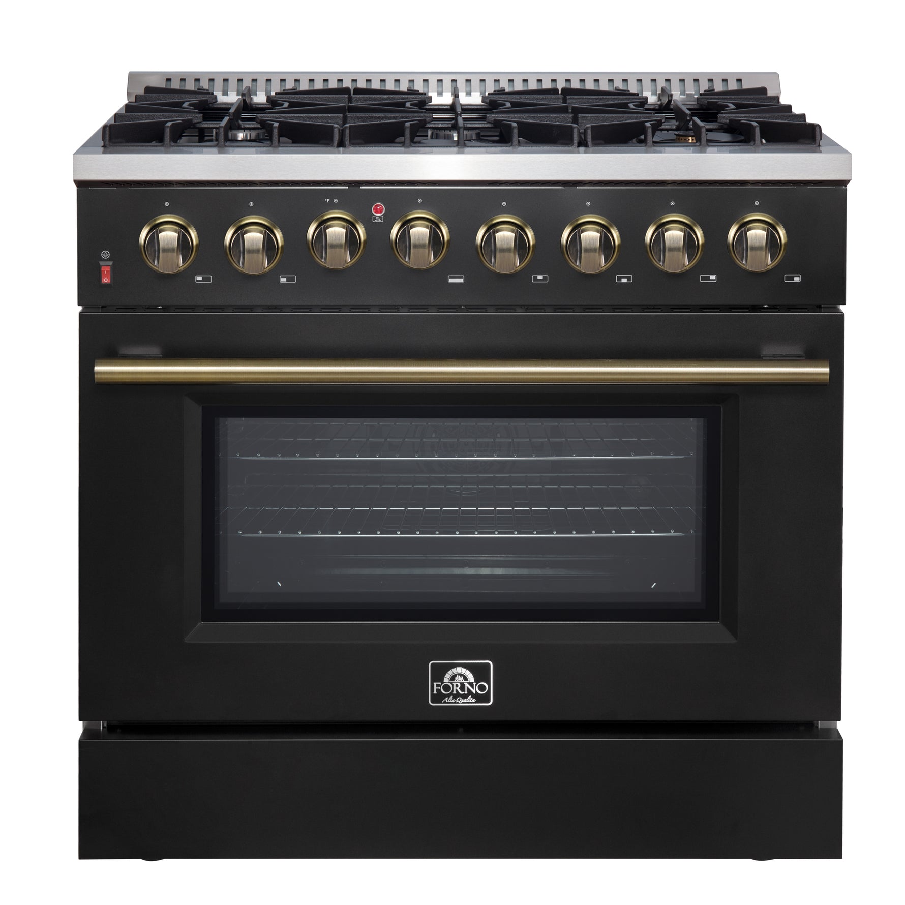 Forno Galiano 36-inch Dual Fuel Range in Black & Antique Brass Design, 6 Sealed Burners 83,000 BTU, 5.36 cu.ft. True Convection Oven - BonPrix Électroménagers