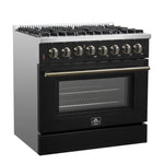 Forno Galiano 36-inch Dual Fuel Range in Black & Antique Brass Design, 6 Sealed Burners 83,000 BTU, 5.36 cu.ft. True Convection Oven - BonPrix Électroménagers