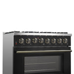 Forno Galiano 36-inch Dual Fuel Range in Black & Antique Brass Design, 6 Sealed Burners 83,000 BTU, 5.36 cu.ft. True Convection Oven - BonPrix Électroménagers