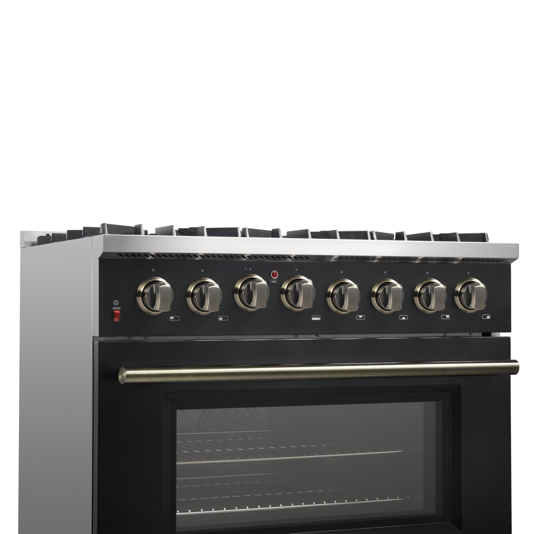 Forno Galiano 36-inch Dual Fuel Range in Black & Antique Brass Design, 6 Sealed Burners 83,000 BTU, 5.36 cu.ft. True Convection Oven - BonPrix Électroménagers