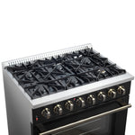Forno Galiano 36-inch Dual Fuel Range in Black & Antique Brass Design, 6 Sealed Burners 83,000 BTU, 5.36 cu.ft. True Convection Oven - BonPrix Électroménagers