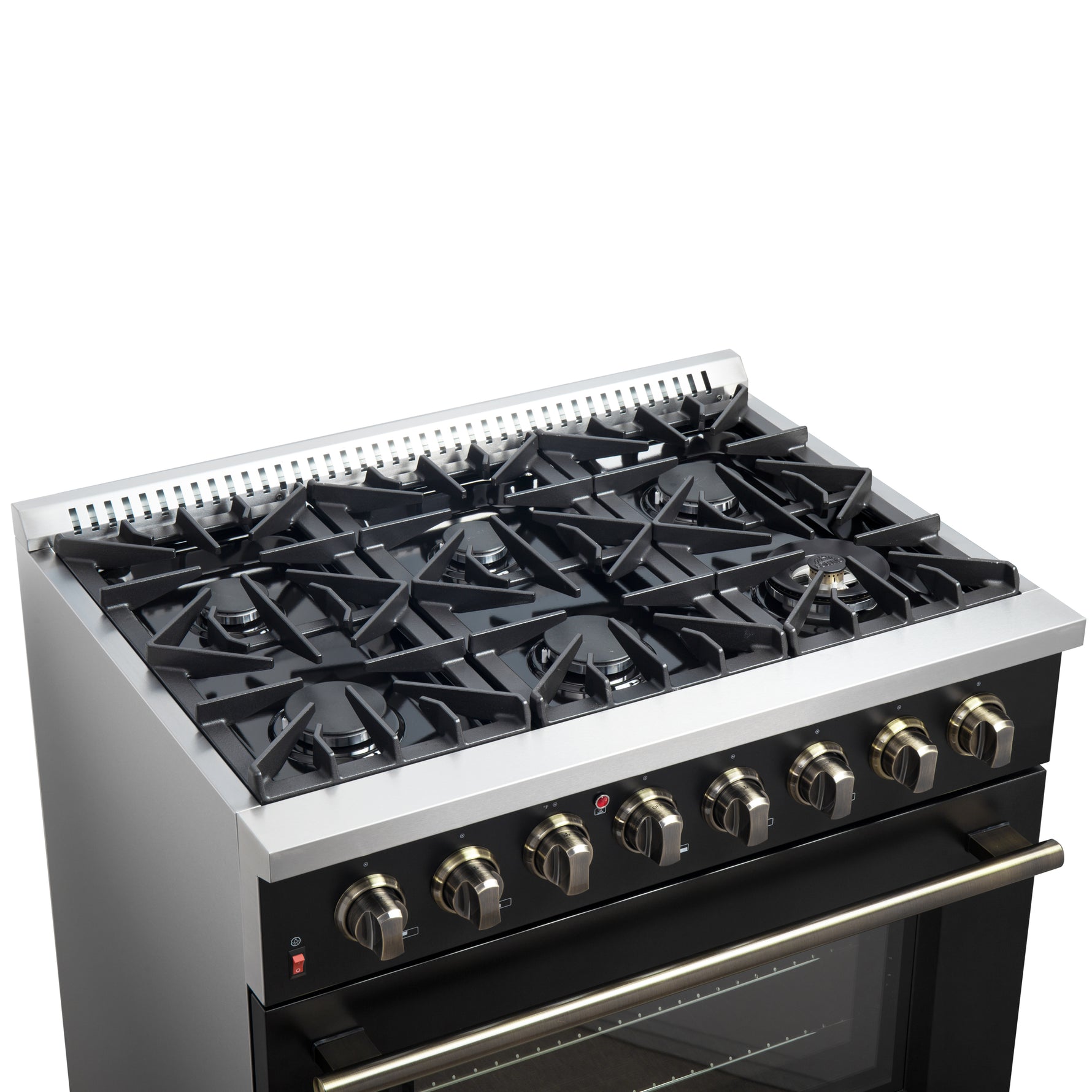 Forno Galiano 36-inch Dual Fuel Range in Black & Antique Brass Design, 6 Sealed Burners 83,000 BTU, 5.36 cu.ft. True Convection Oven - BonPrix Électroménagers
