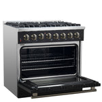 Forno Galiano 36-inch Dual Fuel Range in Black & Antique Brass Design, 6 Sealed Burners 83,000 BTU, 5.36 cu.ft. True Convection Oven - BonPrix Électroménagers