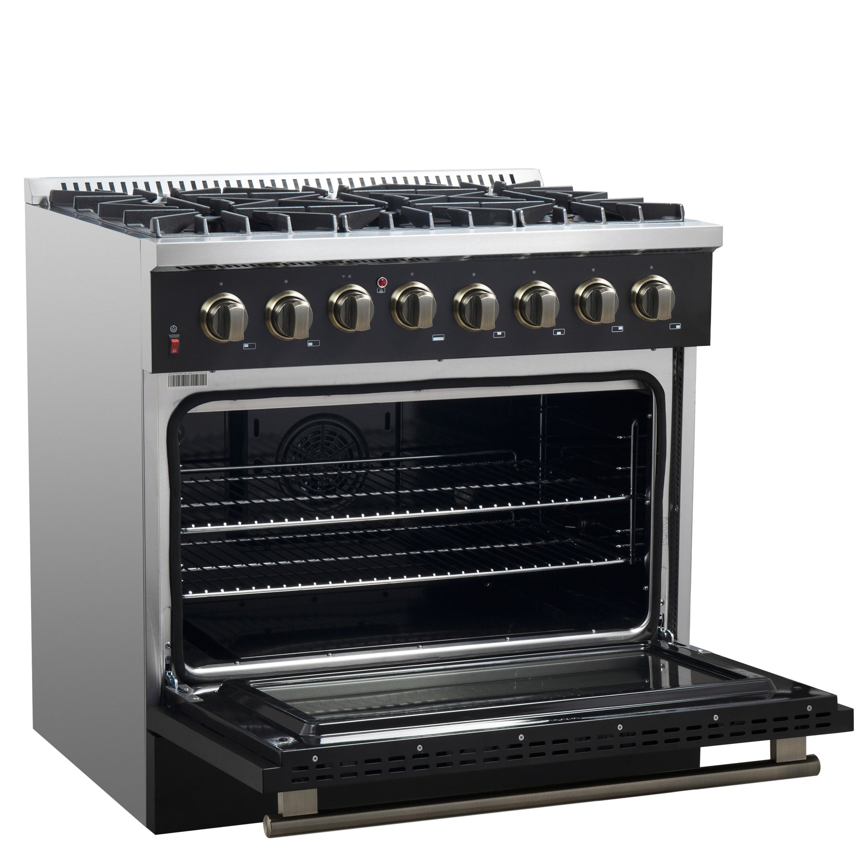 Forno Galiano 36-inch Dual Fuel Range in Black & Antique Brass Design, 6 Sealed Burners 83,000 BTU, 5.36 cu.ft. True Convection Oven - BonPrix Électroménagers