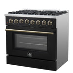Forno Galiano 36-inch Dual Fuel Range in Black & Antique Brass Design, 6 Sealed Burners 83,000 BTU, 5.36 cu.ft. True Convection Oven - BonPrix Électroménagers