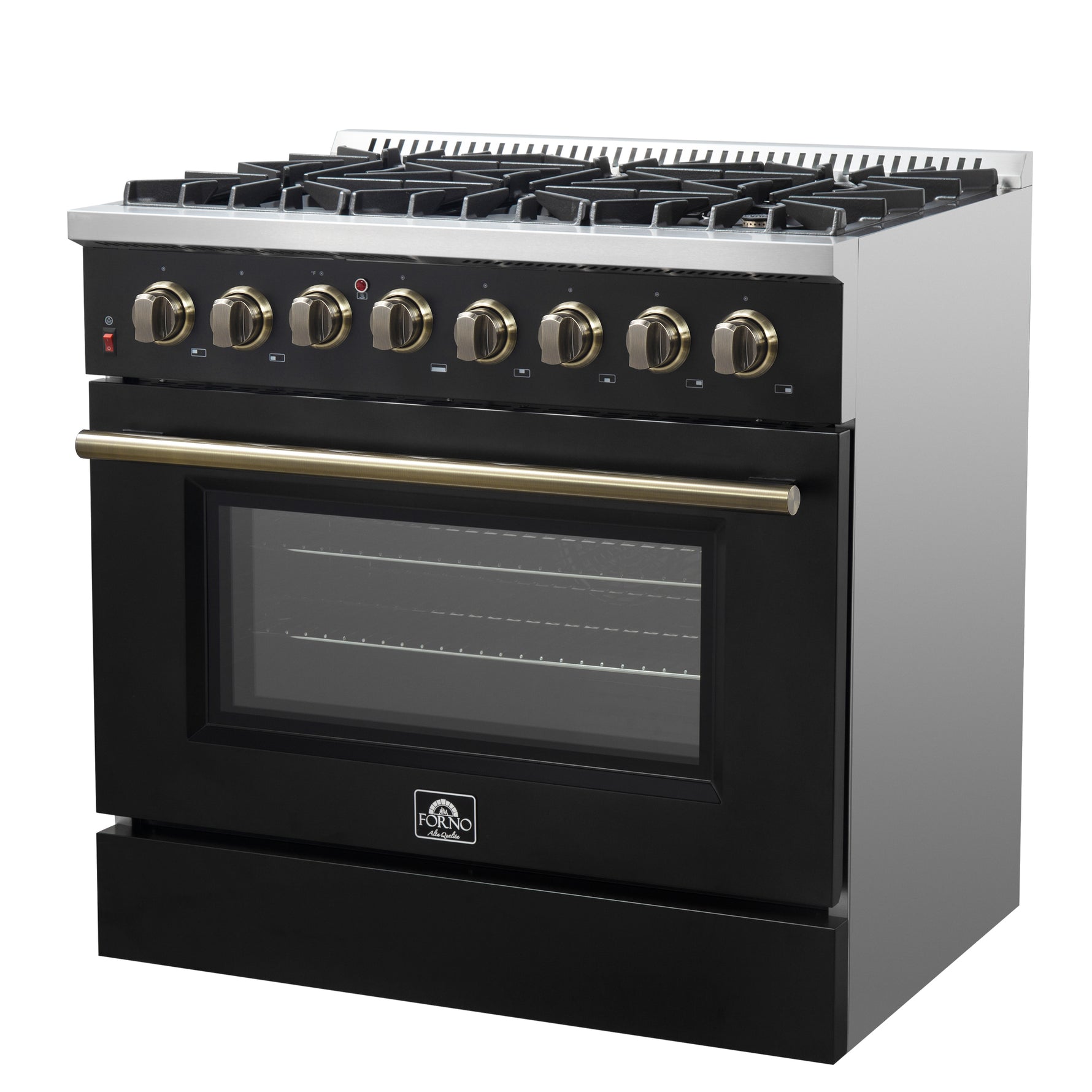 Forno Galiano 36-inch Dual Fuel Range in Black & Antique Brass Design, 6 Sealed Burners 83,000 BTU, 5.36 cu.ft. True Convection Oven - BonPrix Électroménagers