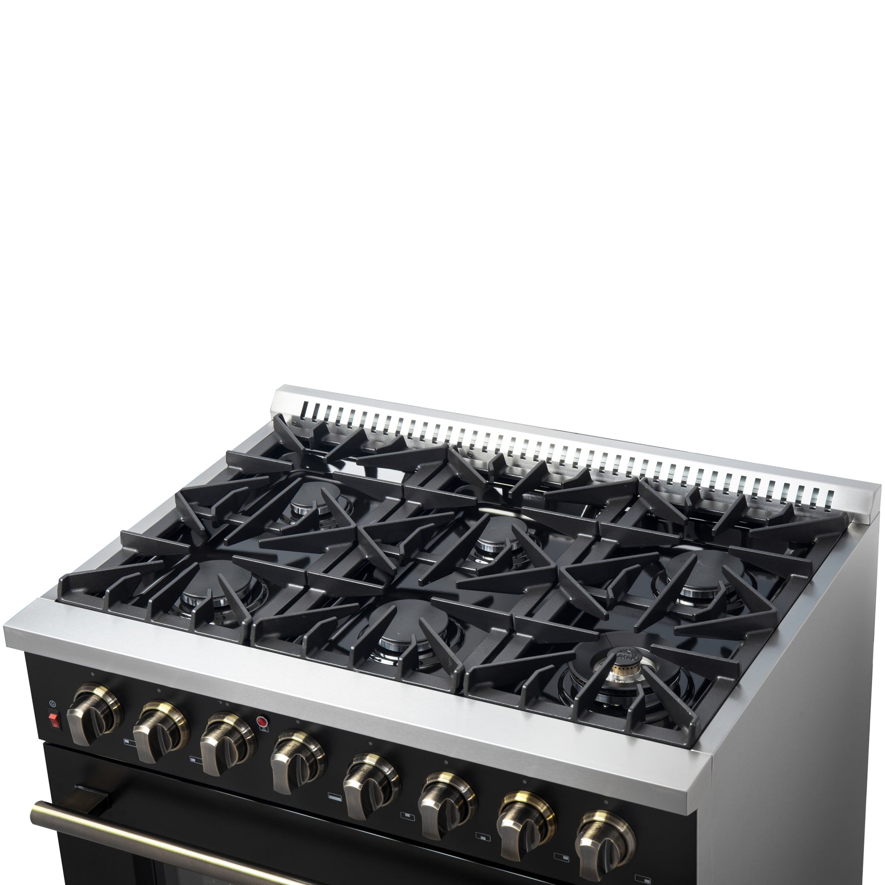 Forno Galiano 36-inch Dual Fuel Range in Black & Antique Brass Design, 6 Sealed Burners 83,000 BTU, 5.36 cu.ft. True Convection Oven - BonPrix Électroménagers