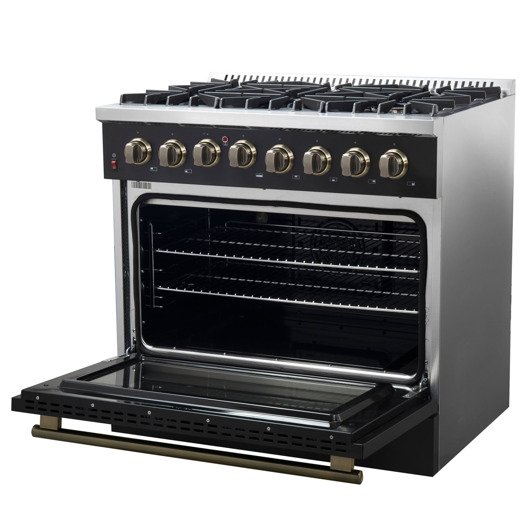 Forno Galiano 36-inch Dual Fuel Range in Black & Antique Brass Design, 6 Sealed Burners 83,000 BTU, 5.36 cu.ft. True Convection Oven - BonPrix Électroménagers