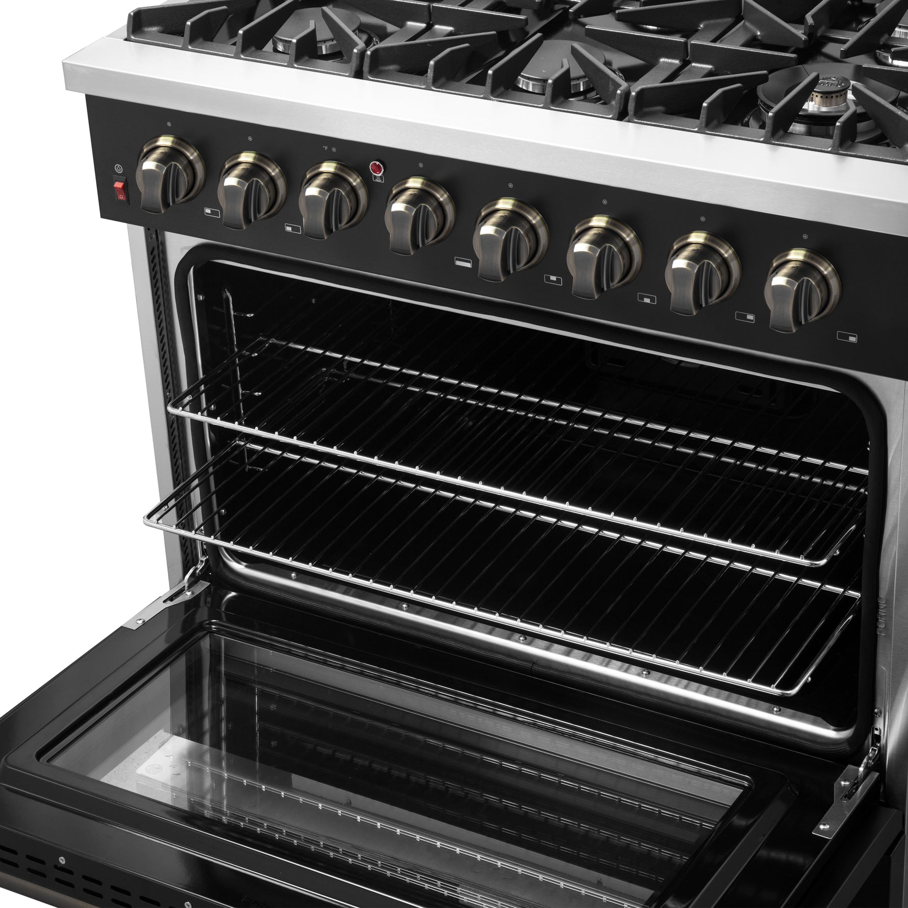 Forno Galiano 36-inch Dual Fuel Range in Black & Antique Brass Design, 6 Sealed Burners 83,000 BTU, 5.36 cu.ft. True Convection Oven - BonPrix Électroménagers