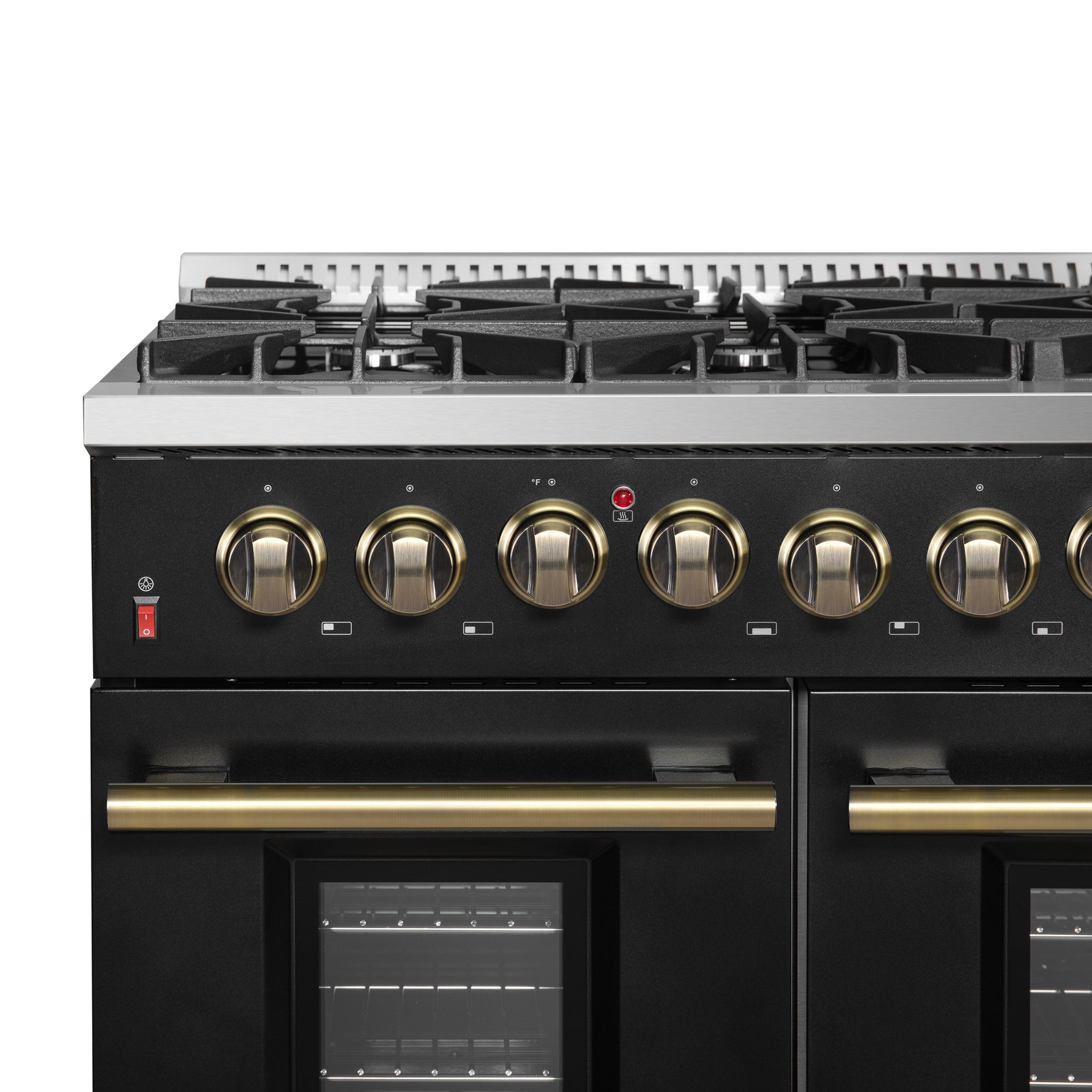 Galiano 48-inch Dual Fuel Range Black & Antique Brass Design with 8 Sealed Burners 107,000 BTU, 6.58 cu. ft. double ovens & Griddle - BonPrix Électroménagers