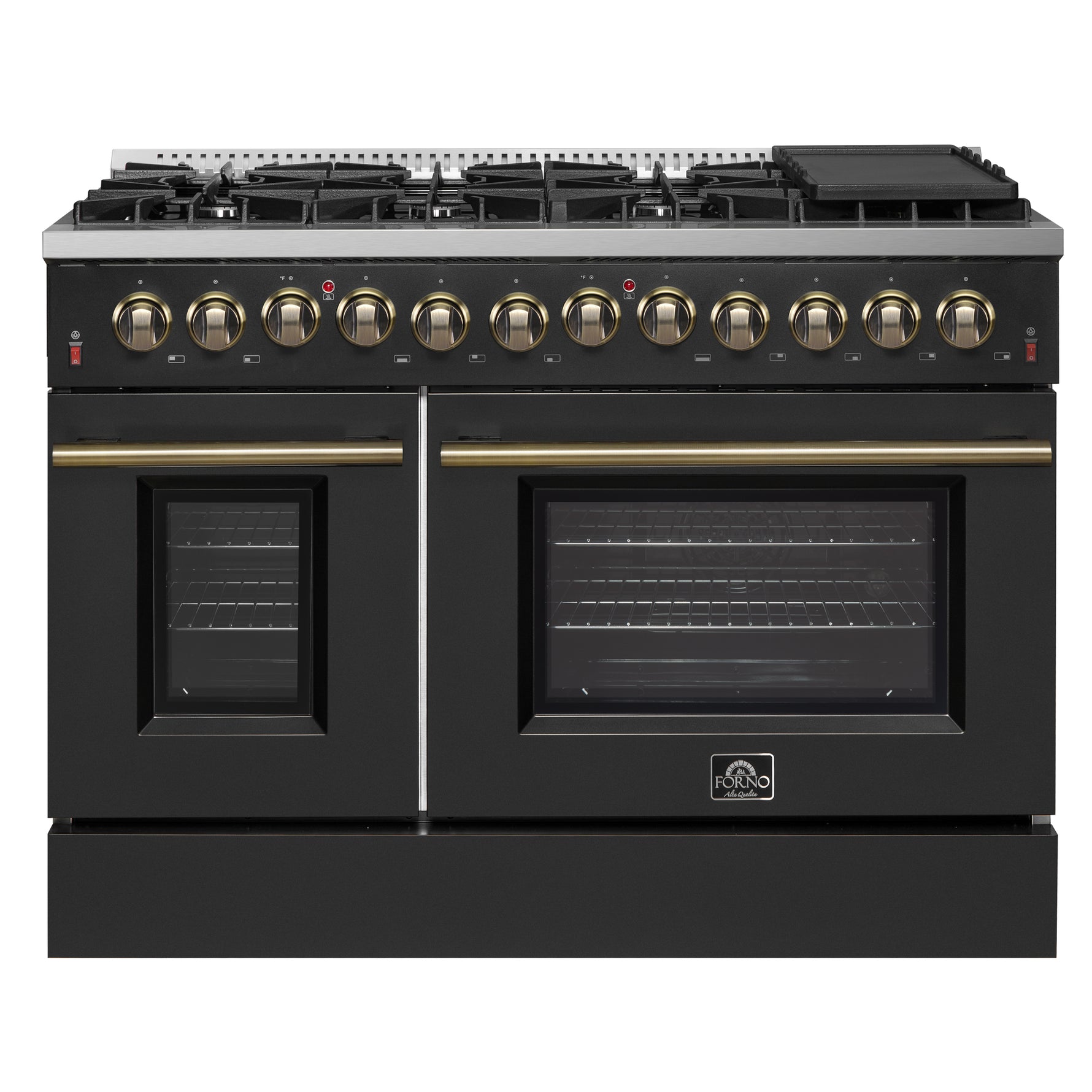 Galiano 48-inch Dual Fuel Range Black & Antique Brass Design with 8 Sealed Burners 107,000 BTU, 6.58 cu. ft. double ovens & Griddle - BonPrix Électroménagers