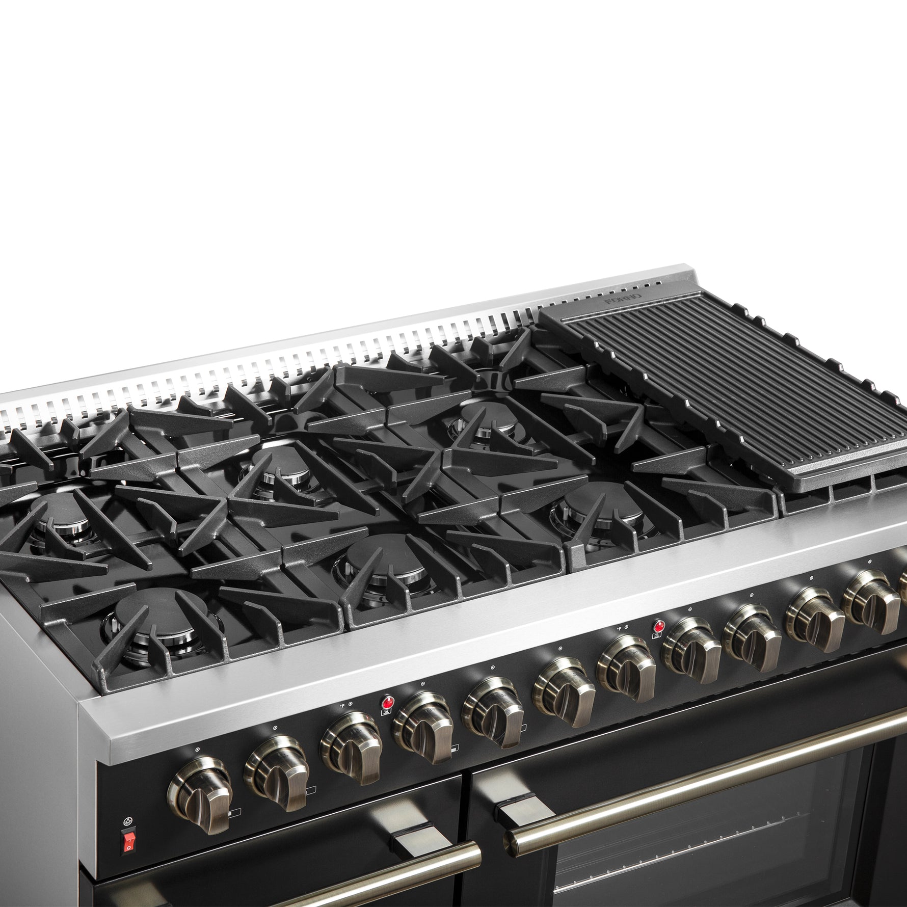 Galiano 48-inch Dual Fuel Range Black & Antique Brass Design with 8 Sealed Burners 107,000 BTU, 6.58 cu. ft. double ovens & Griddle - BonPrix Électroménagers