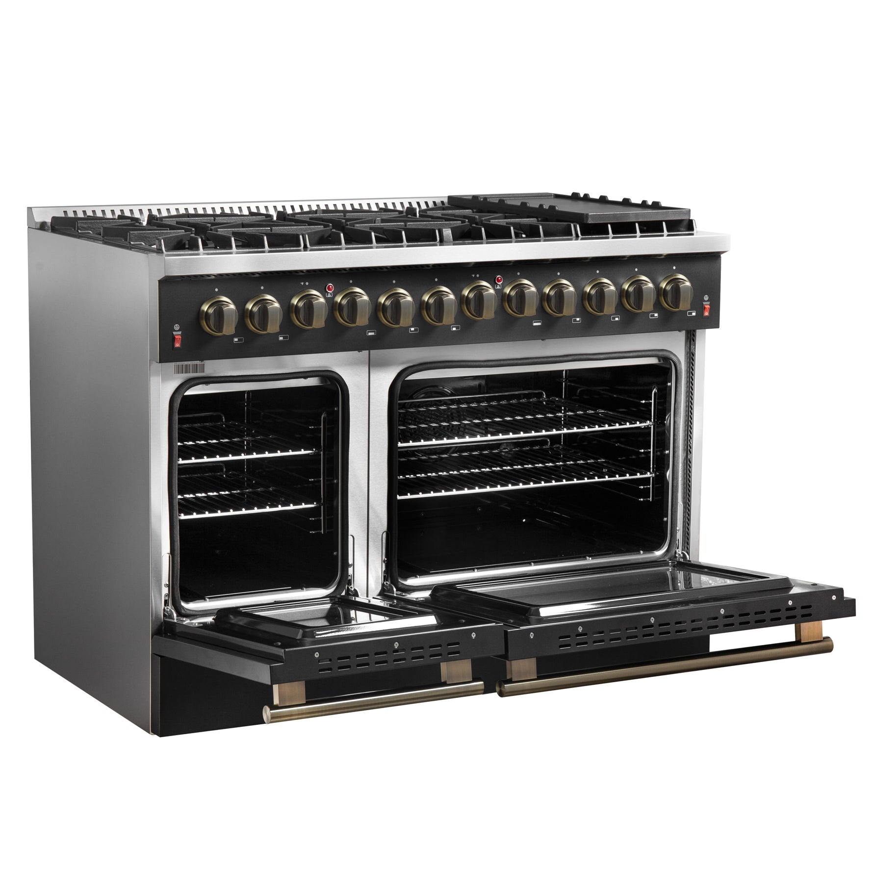 Galiano 48-inch Dual Fuel Range Black & Antique Brass Design with 8 Sealed Burners 107,000 BTU, 6.58 cu. ft. double ovens & Griddle - BonPrix Électroménagers