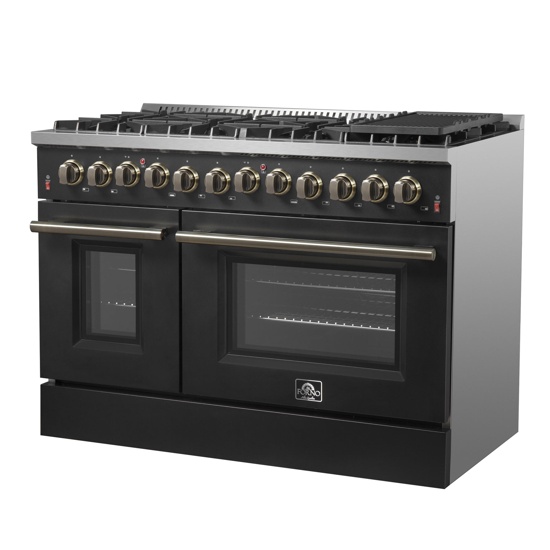 Galiano 48-inch Dual Fuel Range Black & Antique Brass Design with 8 Sealed Burners 107,000 BTU, 6.58 cu. ft. double ovens & Griddle - BonPrix Électroménagers