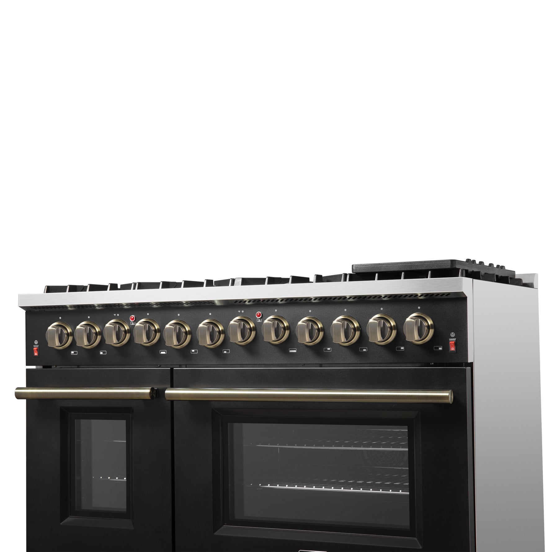 Galiano 48-inch Dual Fuel Range Black & Antique Brass Design with 8 Sealed Burners 107,000 BTU, 6.58 cu. ft. double ovens & Griddle - BonPrix Électroménagers