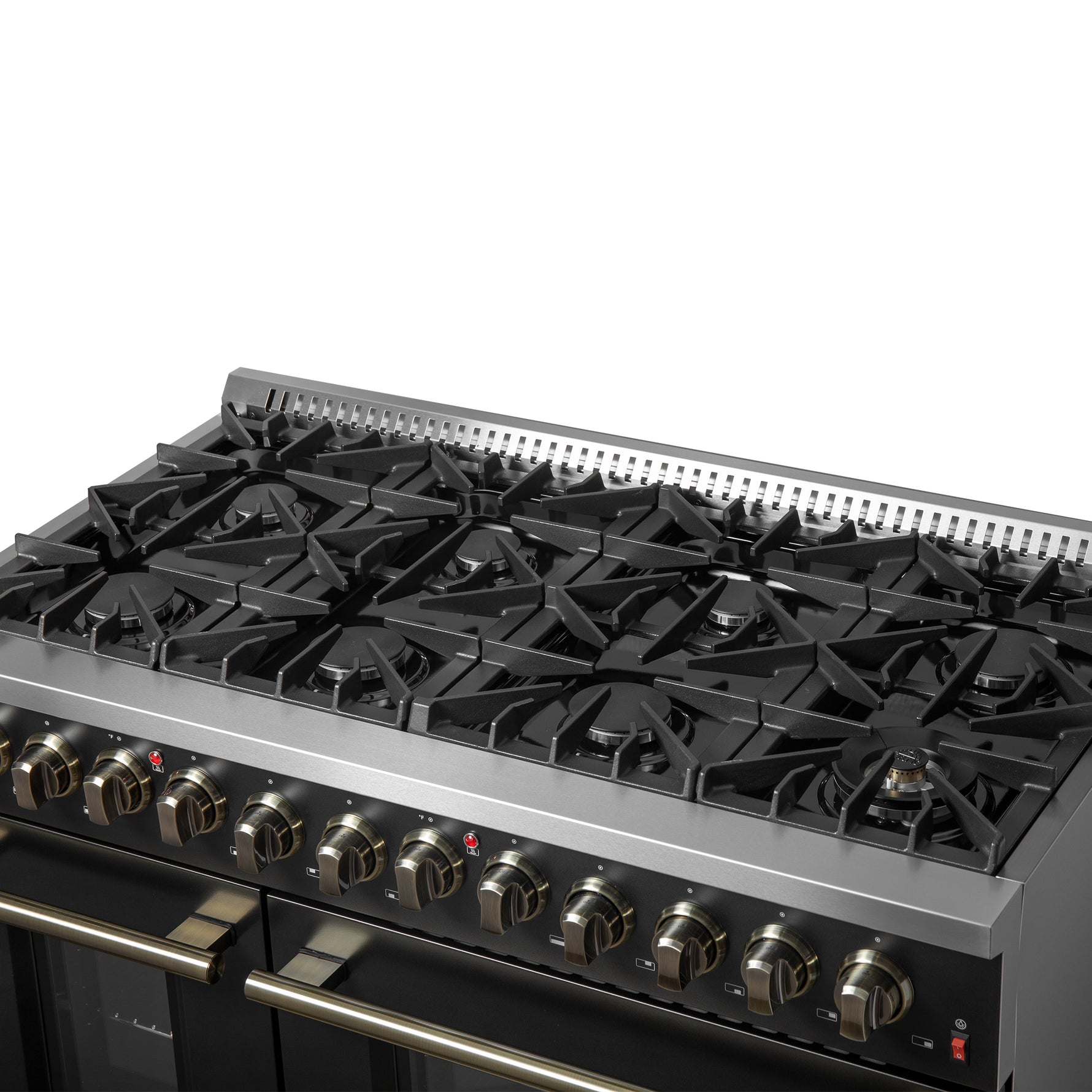 Galiano 48-inch Dual Fuel Range Black & Antique Brass Design with 8 Sealed Burners 107,000 BTU, 6.58 cu. ft. double ovens & Griddle - BonPrix Électroménagers