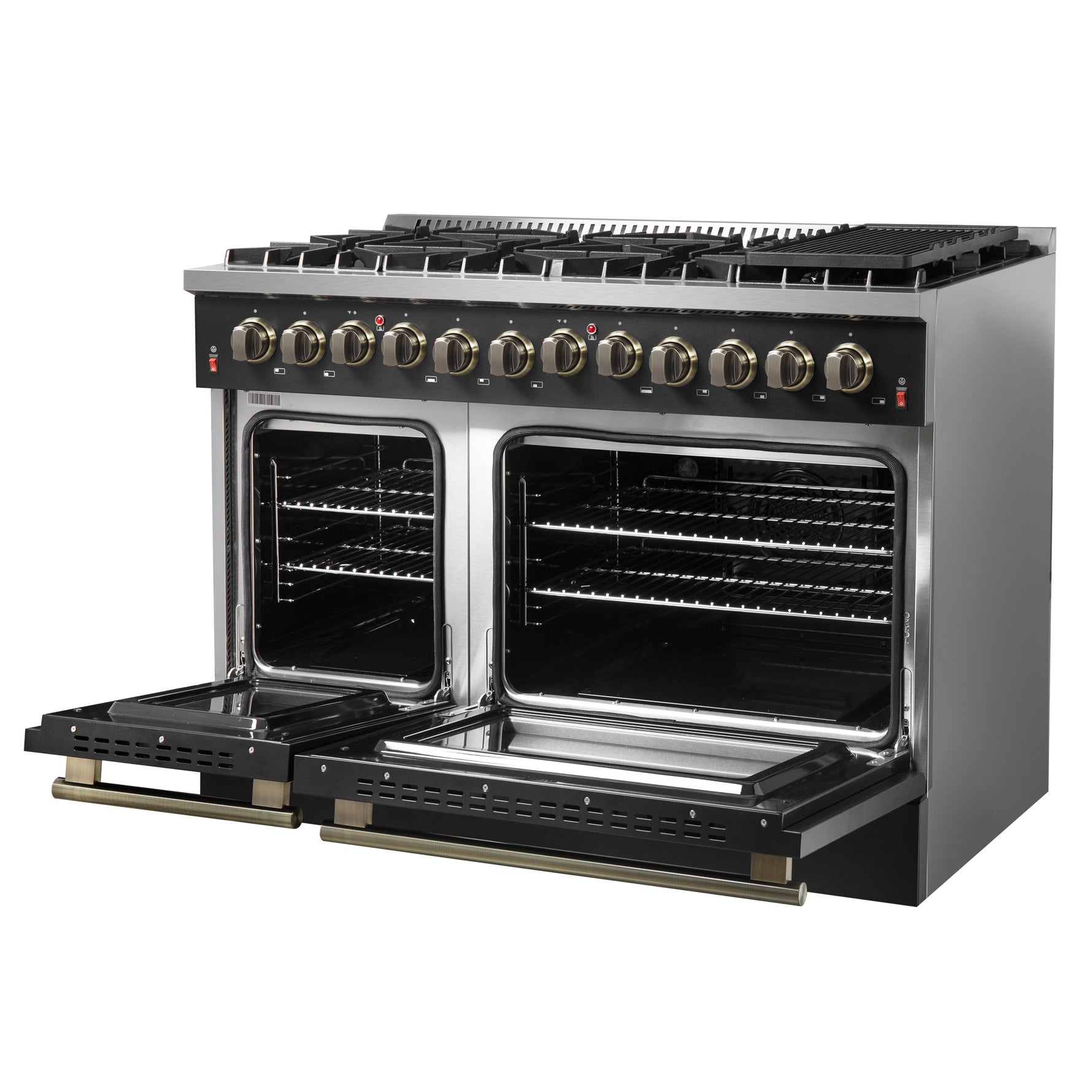 Galiano 48-inch Dual Fuel Range Black & Antique Brass Design with 8 Sealed Burners 107,000 BTU, 6.58 cu. ft. double ovens & Griddle - BonPrix Électroménagers