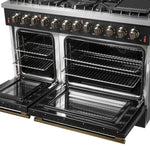 Galiano 48-inch Dual Fuel Range Black & Antique Brass Design with 8 Sealed Burners 107,000 BTU, 6.58 cu. ft. double ovens & Griddle - BonPrix Électroménagers