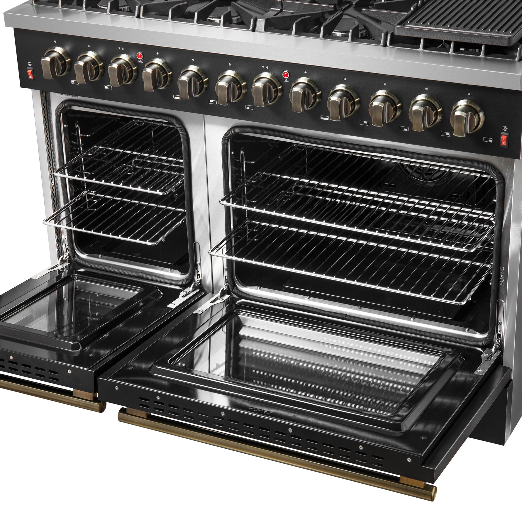 Galiano 48-inch Dual Fuel Range Black & Antique Brass Design with 8 Sealed Burners 107,000 BTU, 6.58 cu. ft. double ovens & Griddle - BonPrix Électroménagers