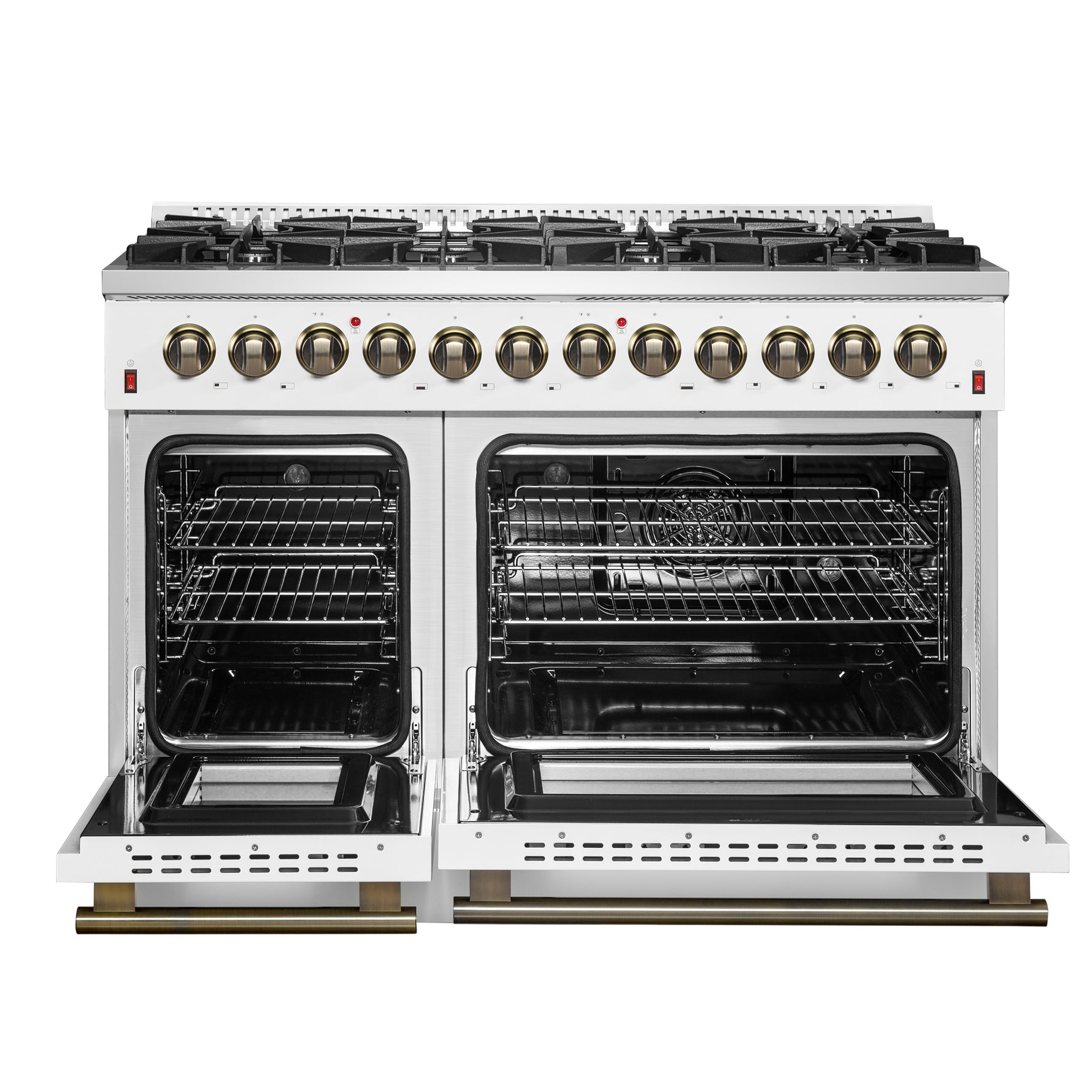 Galiano 48-inch Dual Fuel Range White & Antique Brass Design with 8 Sealed Burners 107,000 BTU, 6.58 cu. ft. double ovens & Griddle - BonPrix Électroménagers